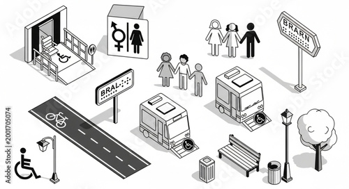 Collection of accessibility and public service icons and illustrations.
