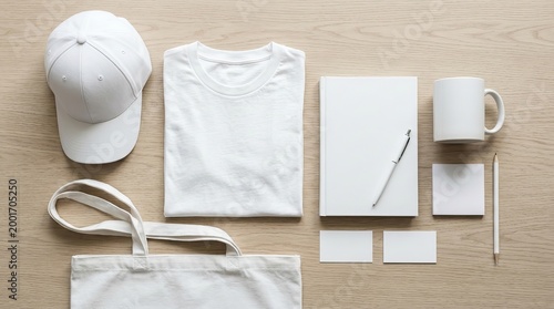 Corporate identity branding mockup featuring a white merchandise set.