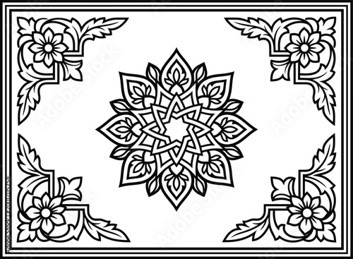 Black and white floral mandala motif frame with intricate geometric symmetrical details for original projects.
