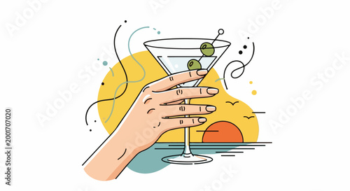 Hand holding a martini glass against a stylized sunset and seascape