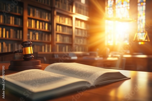 A luxurious law library brimming with meticulously organized legal books and documents is complemented by a grand wooden desk. A judge's gavel and constitutional law book hint at profound legal study.