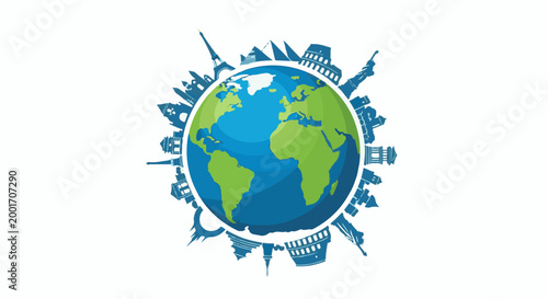 Globe surrounded by iconic landmarks from around the world