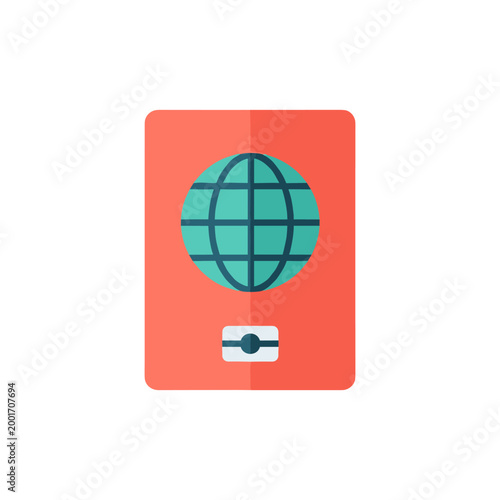 Digital passport icon with globe symbol and chip on minimalist red background abstract travel concept design flat style