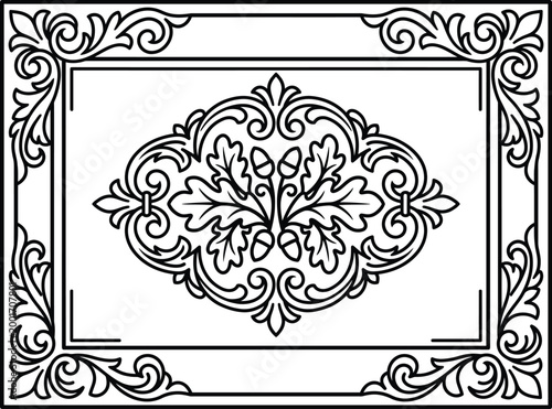 Exquisite victorian technique frame with central oak leaf and acorn structure part for specialized illustration projects.