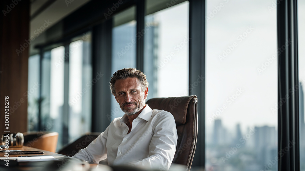 Fototapeta premium Smiling executive in white shirt seated in leather chair at luxury boardroom