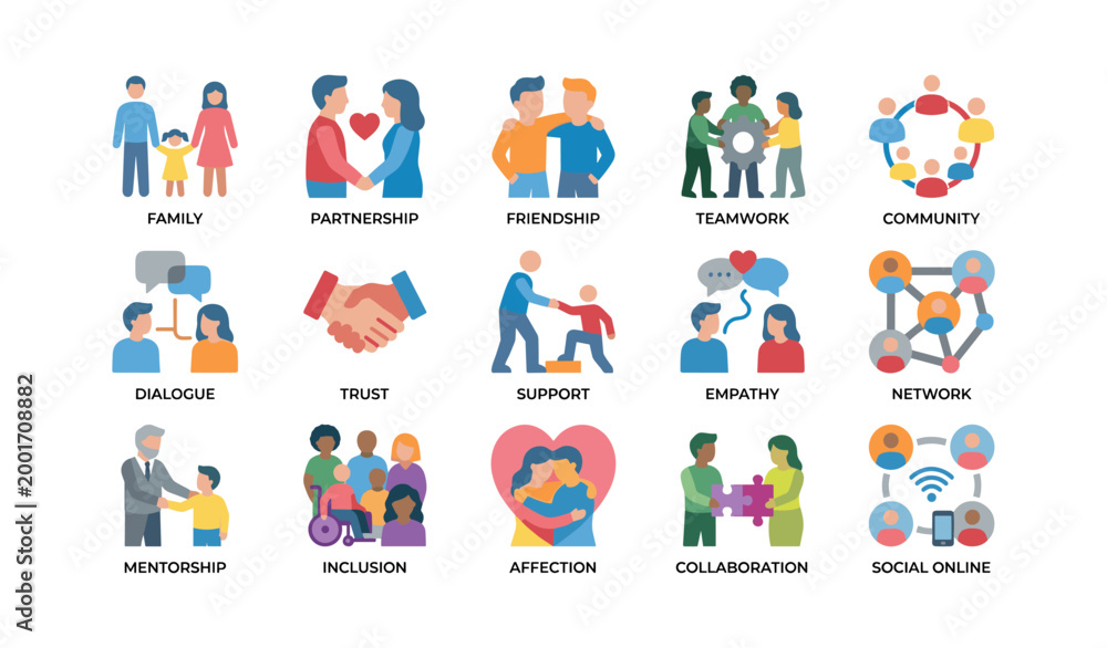 Fototapeta premium Social icons illustrating relationships and community on white