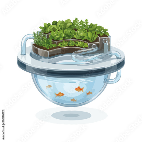 3d vector icon of aquaponic farming ecosystem, floating circular platform combining fish tank below and leafy vegetable bed above, clean water circulation tubes visible