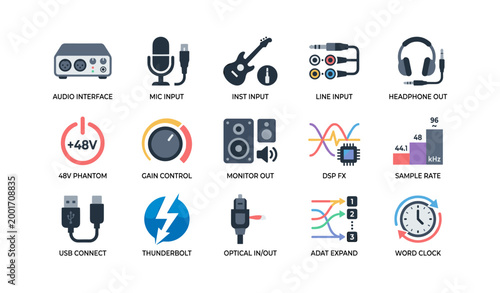 Audio interface icons showing inputs outputs and connections on white