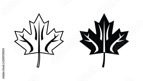 Detailed Canadian maple leaf vector symbol with veins and texture in outline and solid black silhouette styles for national or nature branding