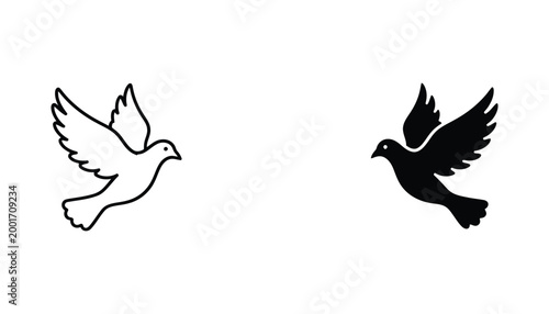 Flying dove of peace vector symbol with spread wings in outline and solid black silhouette styles for religious or humanitarian branding and events