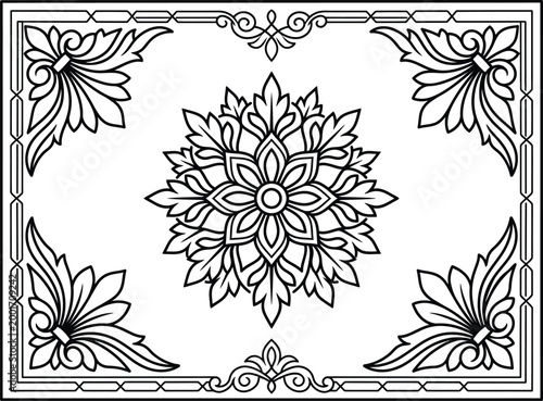 Black and white floral mandala design with ornate corner flourishes for proficient visual composition projects.