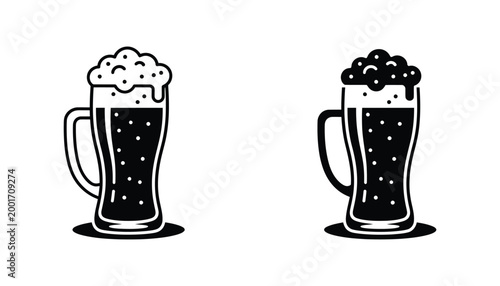 Classic beer mug with foamy head vector icon set featuring line art and solid black silhouettes for bar menus restaurant branding or beverage industry graphic design