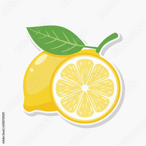 Illustration of a whole lemon and a lemon slice with a leaf