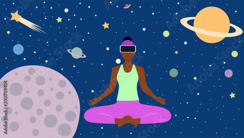 Black woman in a lotus position wearing VR glasses sees space around her