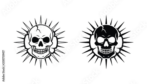 Human skull with radiating spikes halo effect outline and solid black silhouette icon set