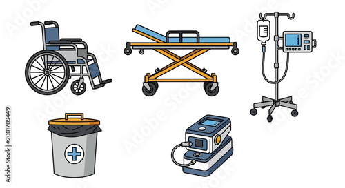 Medical Equipment Set with Wheelchair Hospital Stretcher IV Pole Trash Bin and Patient Monitor Icons for Healthcare Design
