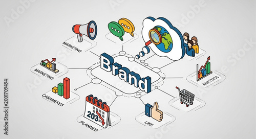 Brand strategy and marketing concept illustration with icons.