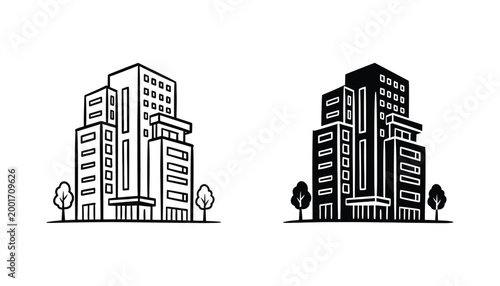 Modern city office building architecture vector icon set for real estate and urban development branding