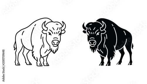 American bison standing in profile vector icon set for wildlife and nature conservation branding