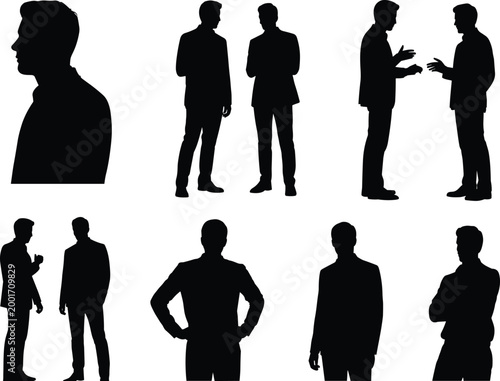 Business men silhouettes collection with conversation standing poses and professional interaction isolated on white background