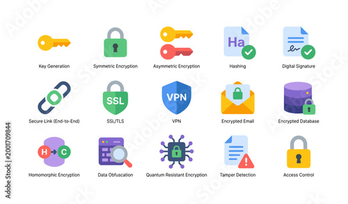 Encryption icons showing security concepts on white background