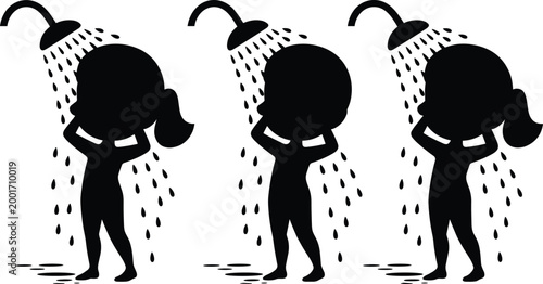 Children silhouettes taking shower under water stream with playful hygiene activity isolated on white background for design