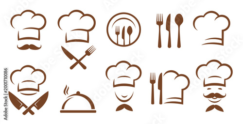 Food set icons with smiling cook with mustache, culinary utensil, plate and fork, knife, spoon and dish emblem