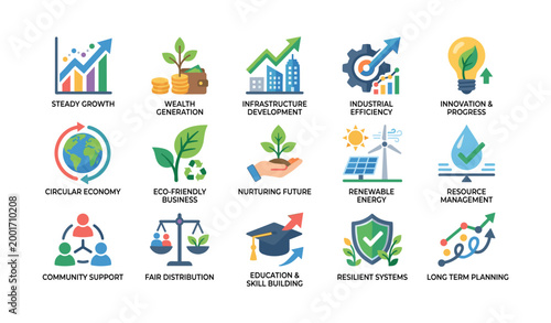 Sustainability and growth concepts depicted in icon grid