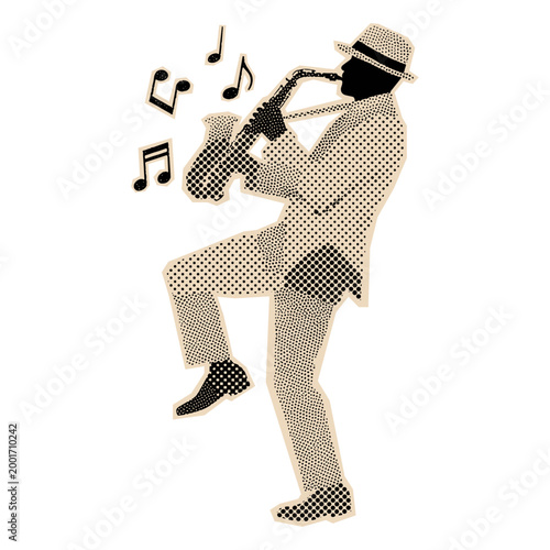 Retro Jazz Musician Playing Saxophone Stipple Art Halftone Illustration