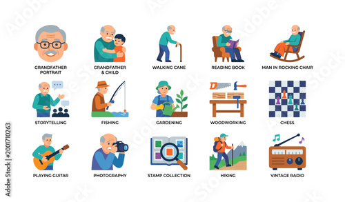 Icons of grandfather hobbies and activities in grid layout
