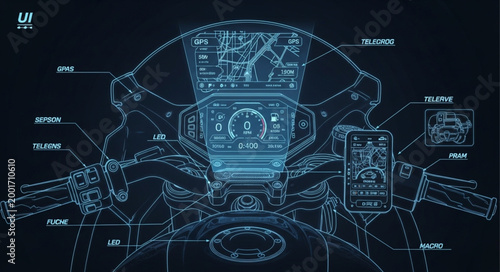 Motorcycle Dashboard Blueprint Digital Display Futuristic Technology.