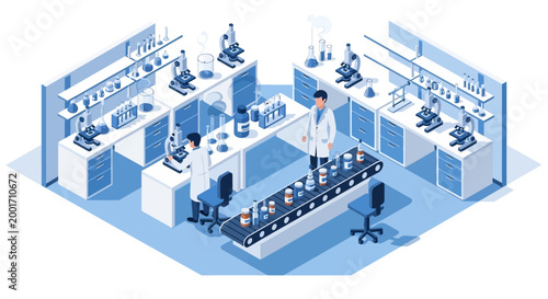Isometric illustration of scientists working in a modern laboratory with various equipment and a blue color scheme