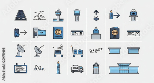 Collection of Airport and Travel Icons Vector Illustration.