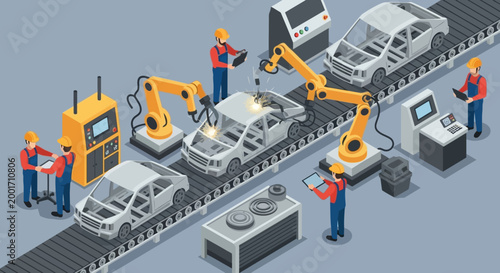 Isometric illustration of workers and robotic arms assembling cars on a production line with industrial equipment and machinery in a factory setting.