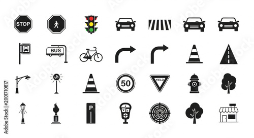Collection of traffic and street signs and symbols.