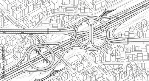 Aerial view of a complex highway interchange with multiple lanes and overpasses.