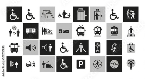 Collection of accessibility and transportation symbols and icons.