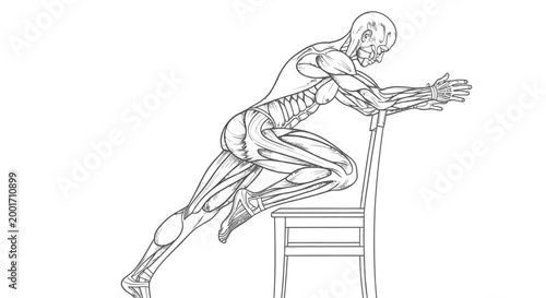 Anatomical human figure performing calf stretch with chair sketch