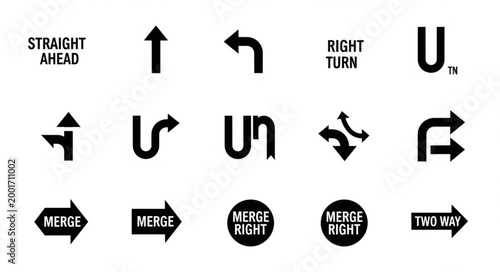 Collection of various directional road signs and symbols.