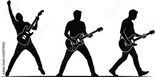 Quadro em tela Guitar player silhouettes set with rock musician performing electric guitar pose