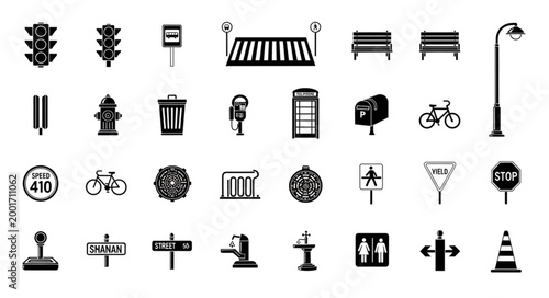 Collection of urban street furniture and traffic signs icons.