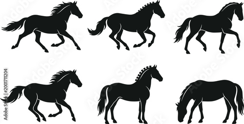 Horse silhouettes set with running standing and grazing poses isolated on white background for design and graphic use