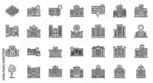 Collection of diverse building icons representing architecture and urban design.