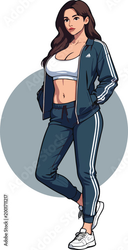 Donna in piedi con abbigliamento casual tuta, illustrazione vettoriale