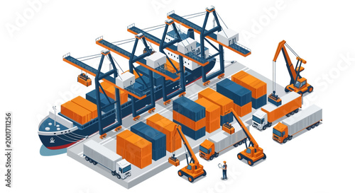 Isometric view of a cargo ship being loaded with containers at a port with industrial equipment and workers.
