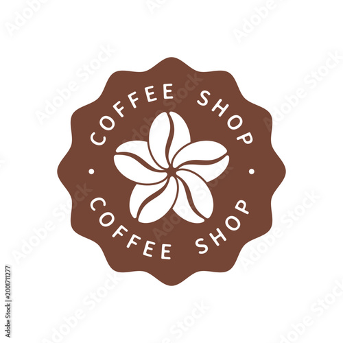 Coffee shop badge. Seal with coffee beans as flower isolated on white background. Vector illustration