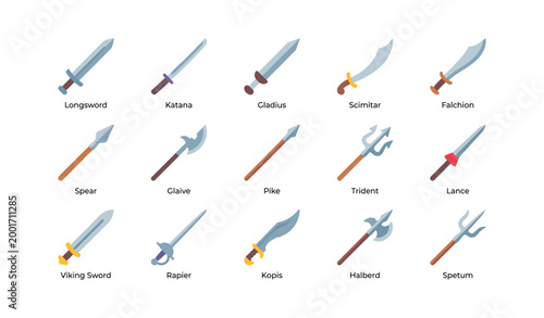 Various swords and polearms displayed in rows on white background