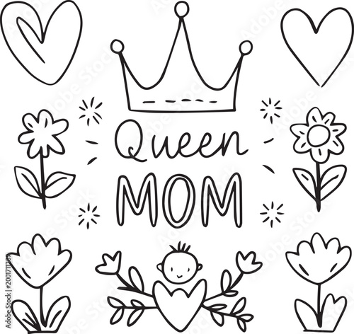 Hand drawn Mother's Day doodle set with "Queen Mom" lettering, crown, hearts, and flowers. Vector illustration for greeting cards, t-shirt design, and maternal concepts.