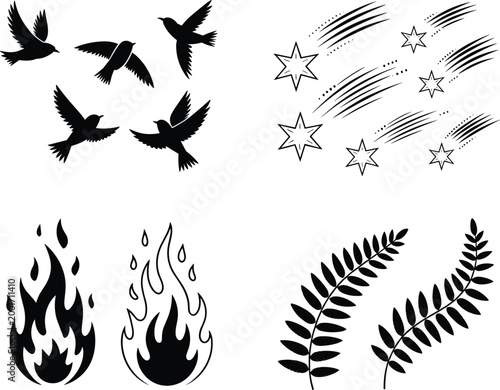 Nature and element silhouettes set with birds, shooting stars, fire flames and leaves isolated on light background