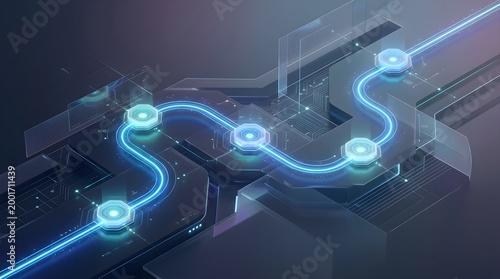 Abstract Technology Roadmap and Data Connection Network with Glowing Blue Circuits and Futuristic Interface.